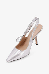 Dior women’s jadior silver metallic pointed-toe slingback pump with thin high heel and embossed branded adjustable strap