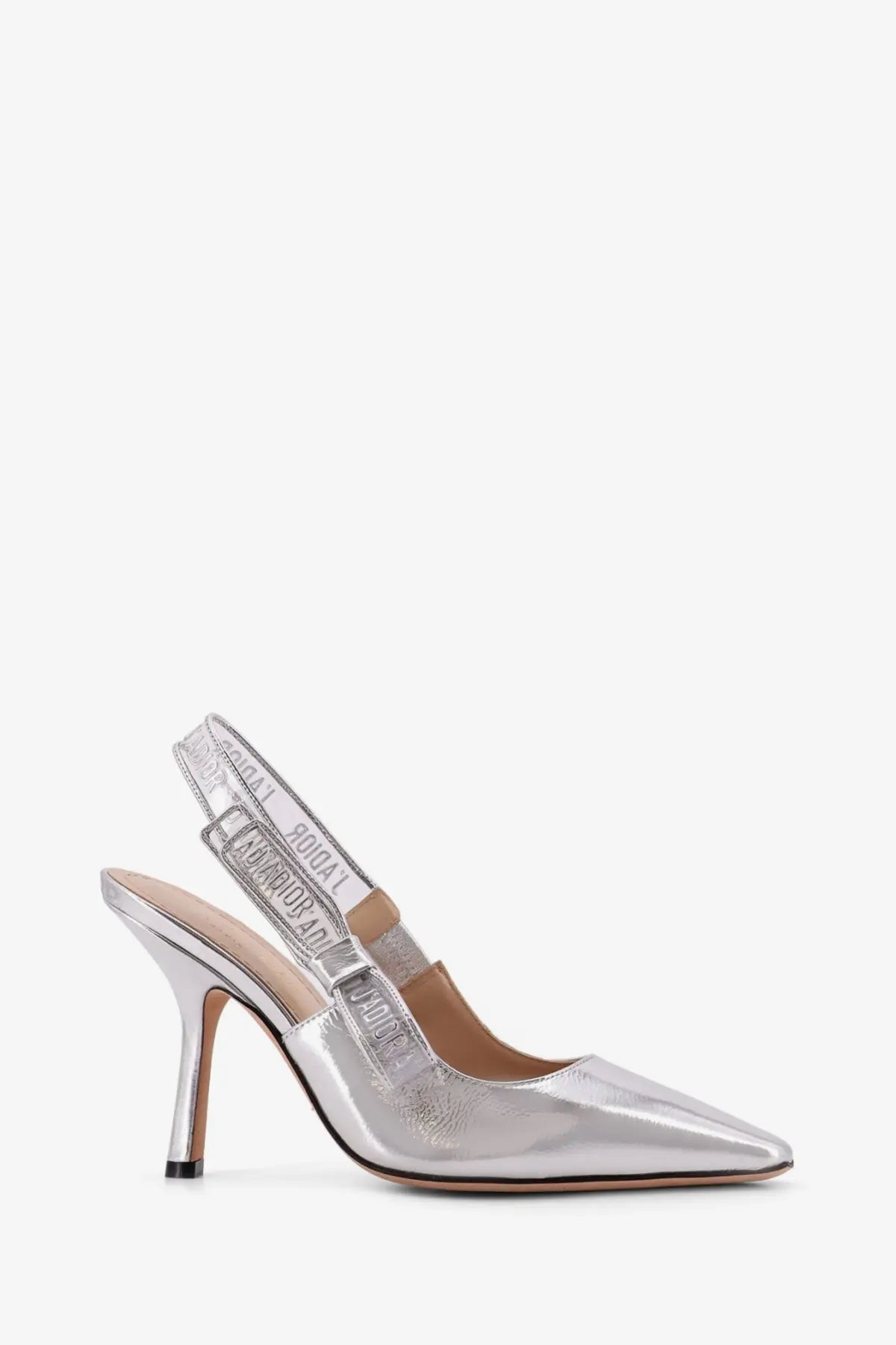 Dior womens jadior laminated leather silver slingback pump with pointed toe and slender heel