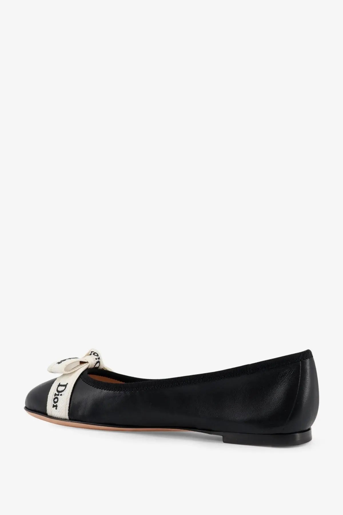 Dior women’s jadior black leather ballet flat with white ribbon bow and dior branding on the side