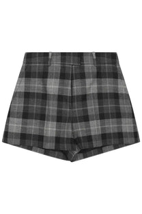 Dior women’s laine tartan high-waisted shorts in black and gray plaid textured wool-blend fabric