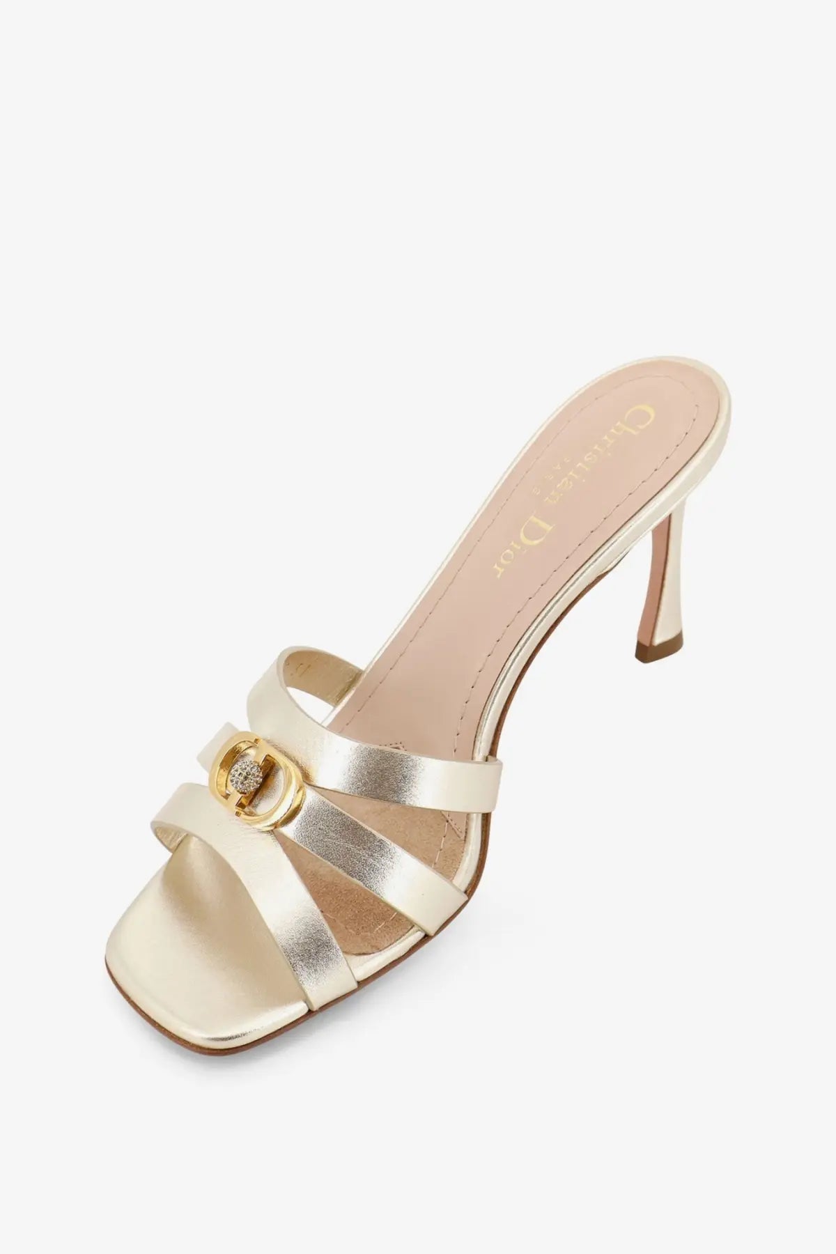 Dior women’s laminated 30M leather gold mule sandal with metallic strap and crystal-adorned circular buckle