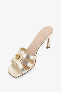 Dior women’s laminated 30M leather gold mule sandal with metallic strap and crystal-adorned circular buckle