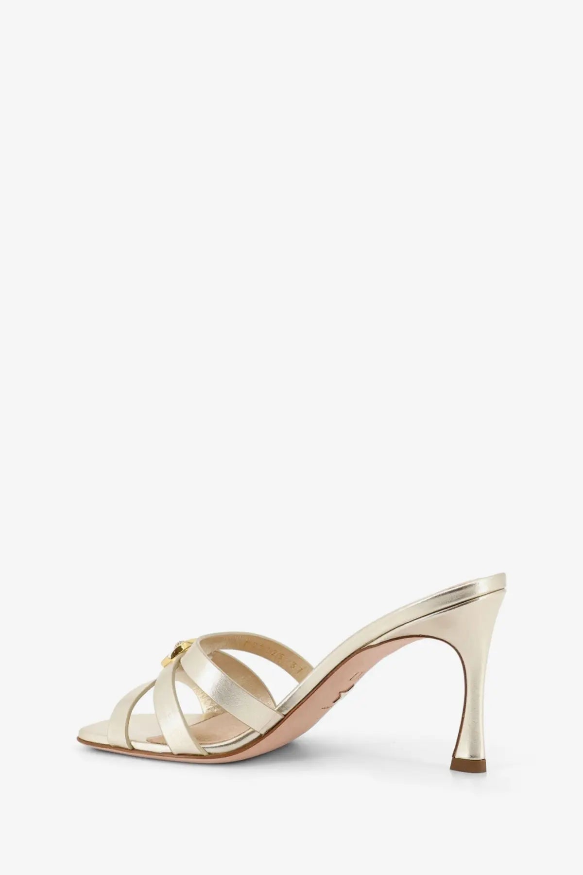 Dior women’s laminated 30m leather gold satin strap mule sandal with slender heel and minimalist design