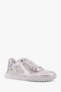 Dior women’s laminated leather silver sneaker with transparent mesh panels and chunky white rubber sole