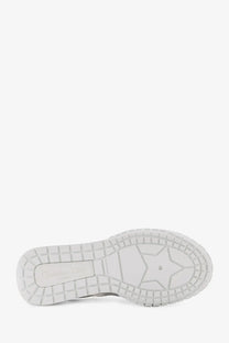 White rubber sole with star-shaped tread and christian louboutin label on dior women’s laminated leather silver sneakers