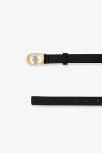 Dior women’s lucky Montaigne star black leather belt with gold tone interlocking D buckle and sparkling stone star centerpiece