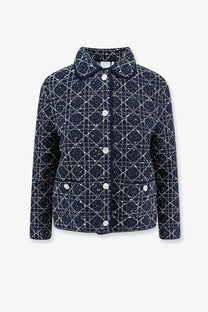 Navy blue Dior women’s macrocannage blazer with white geometric tweed pattern and silver buttons