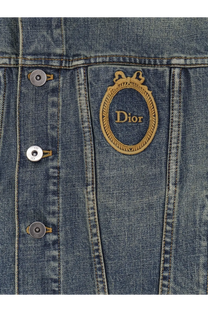 Blue denim jacket with gold embroidered Dior logo patch on chest in Dior women’s Dior medallion denim jacket blue