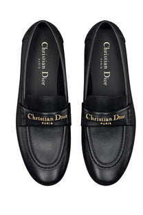 Black leather Dior women’s moccasin Boy loafers with gold-tone branding on strap and insole