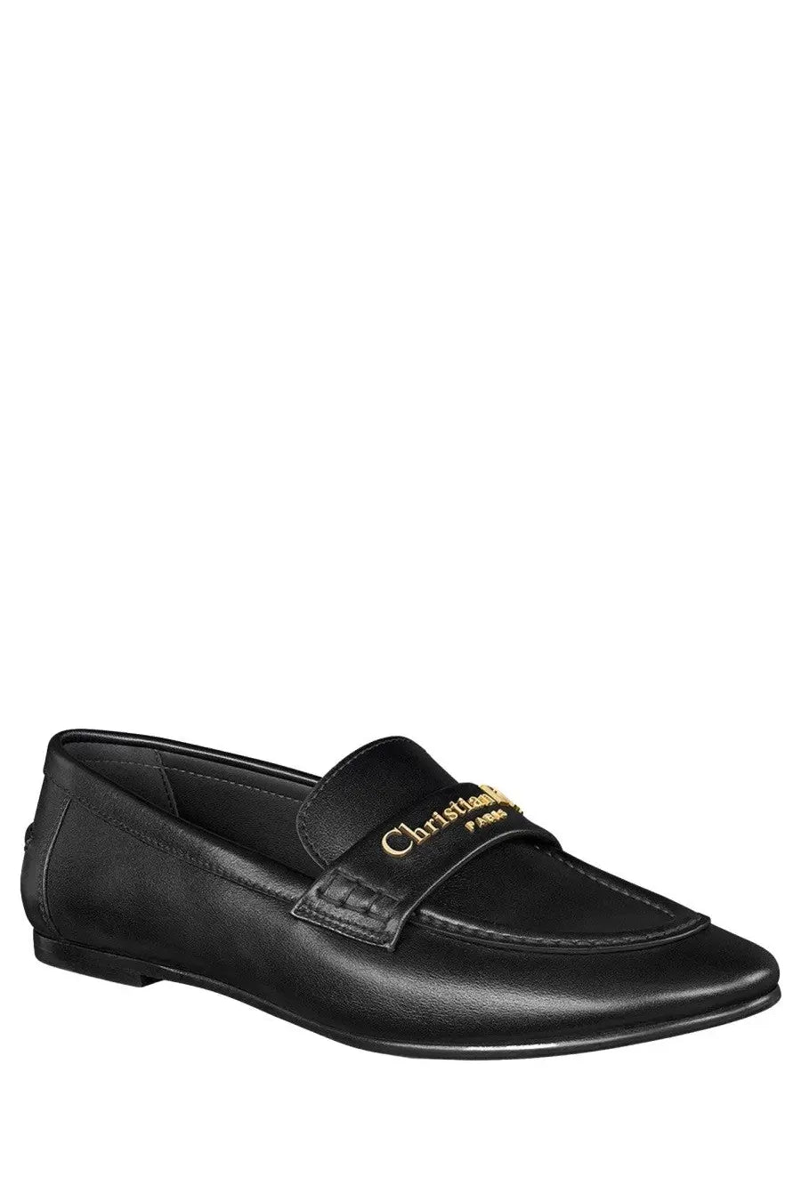 Dior women’s moccasin boy black black leather loafer with gold-tone christian louboutin branding on strap
