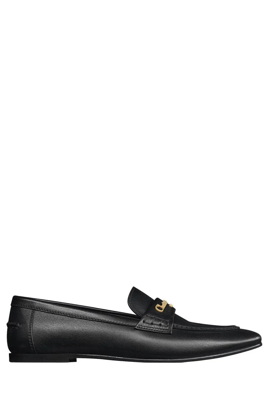Dior women’s black leather moccasin loafer with gold-tone horsebit buckle front view
