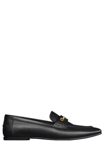 Dior women’s black leather moccasin loafer with gold-tone horsebit buckle front view