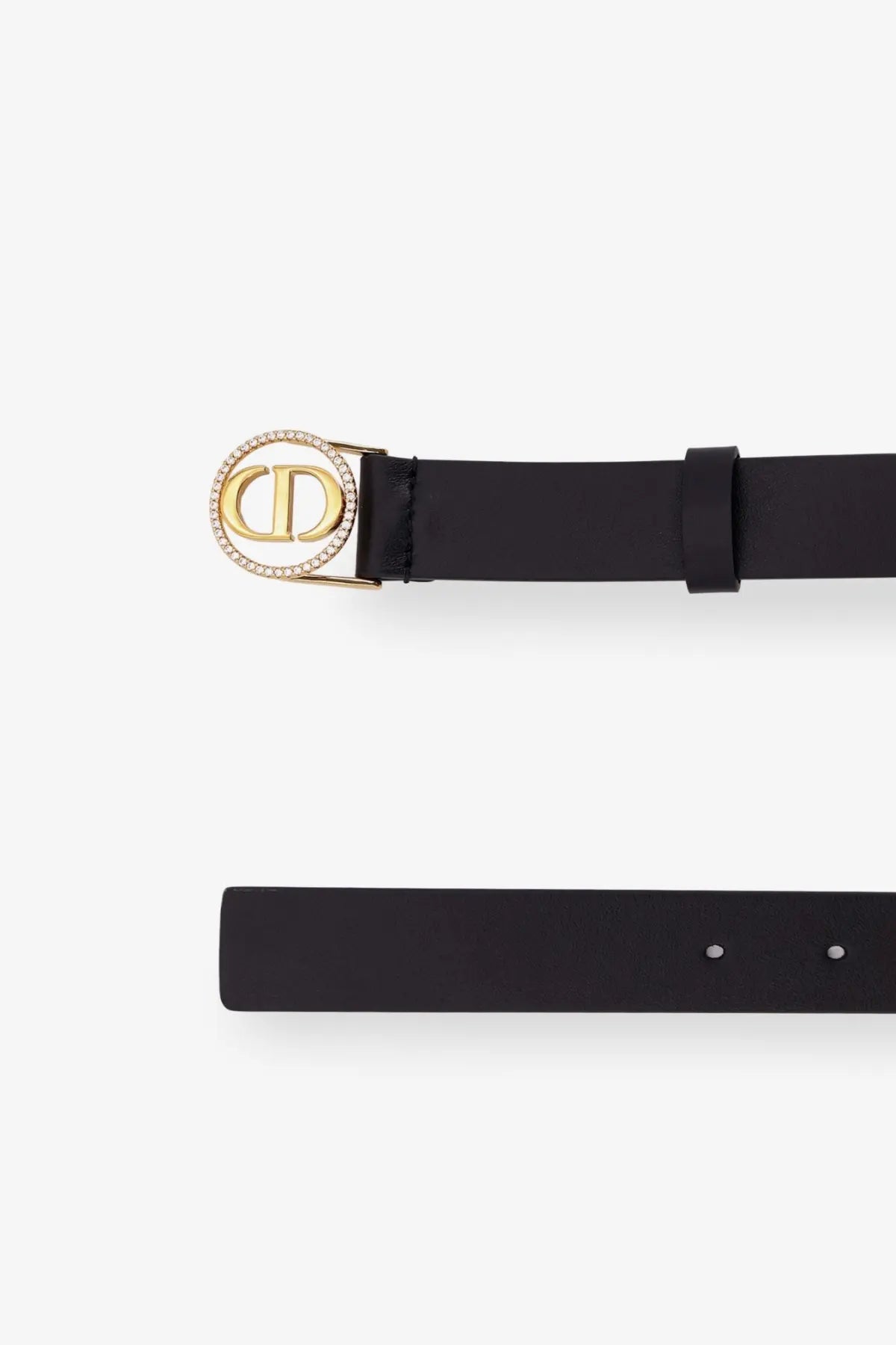 Dior women’s montaigne black leather belt with gold-tone buckle featuring sparkling stones and cd logo