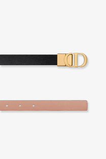 Dior women’s Montaigne reversible leather belt in black with gold-tone d-logo buckle and pinkish-beige leather strap