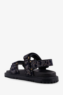Black platform sandal with patterned fabric strap and gold-tone hardware from Dior women’s Dior Oblique Denim collection