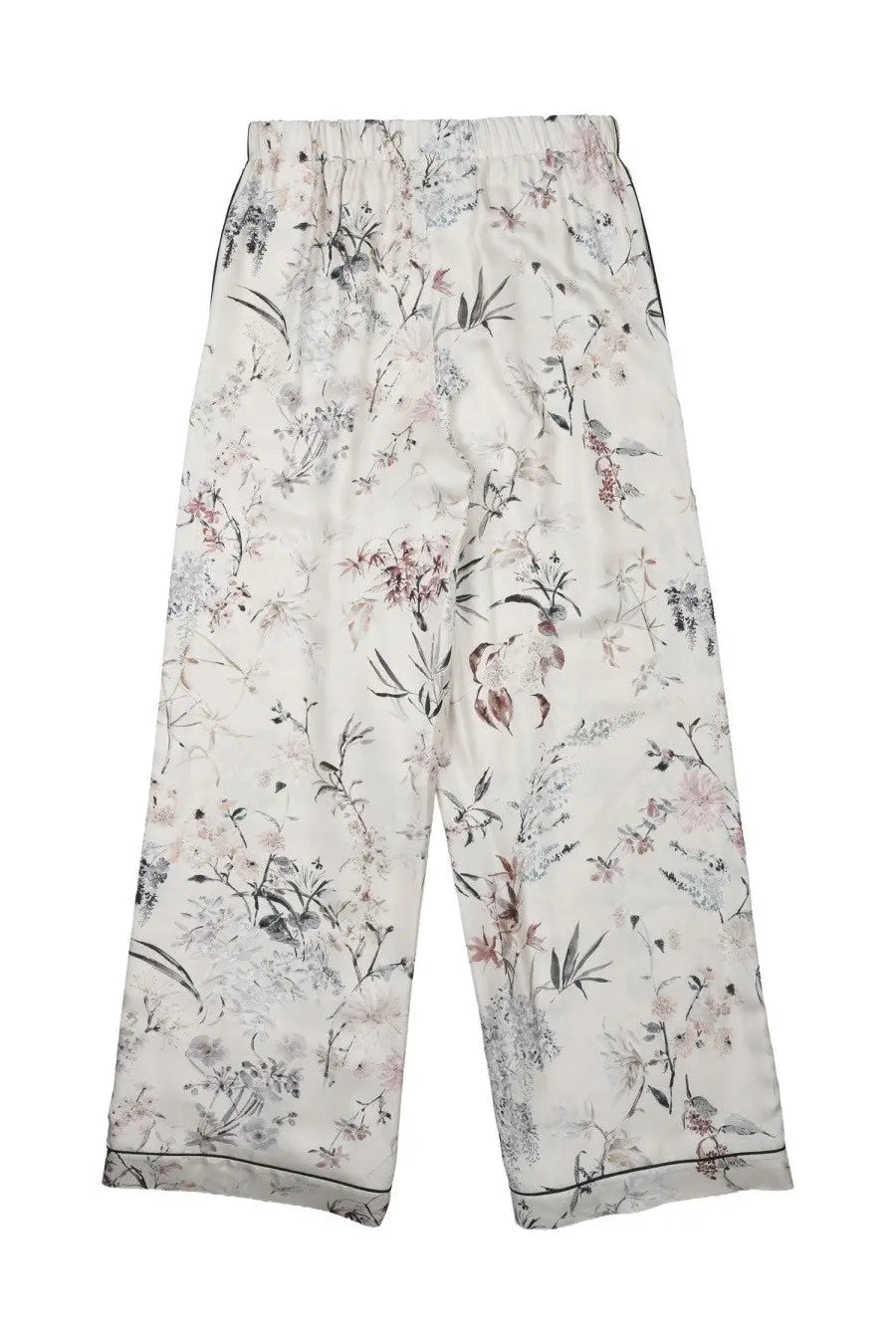 Cream-colored satin dior women’s pantalone in seta stampata white with delicate pink gray and black floral and bird print