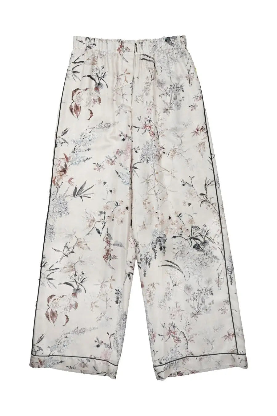 Dior women’s pantalone in seta stampata white cream wide-leg pajama pants with muted botanical print and black piping