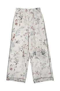 Dior women’s pantalone in seta stampata white cream wide-leg pajama pants with muted botanical print and black piping