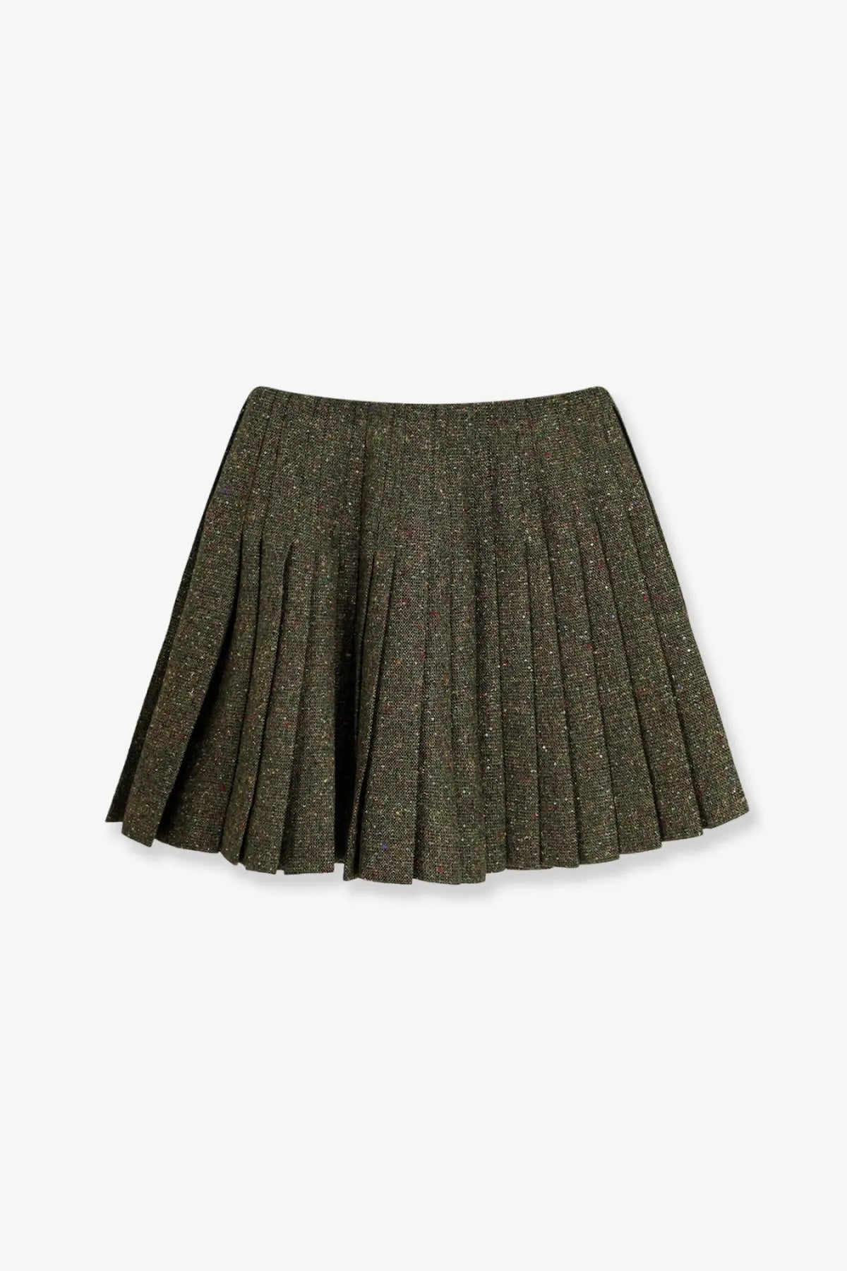Dior women’s pleated mini skirt in shimmering olive green textured glittery fabric with a delicate pleated design