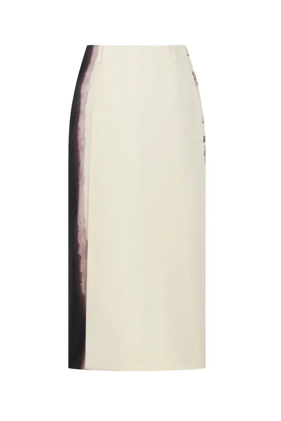 Dior women’s cream-colored printed midi skirt with a sleek straight-cut silhouette and subtle gradient stripe side detail