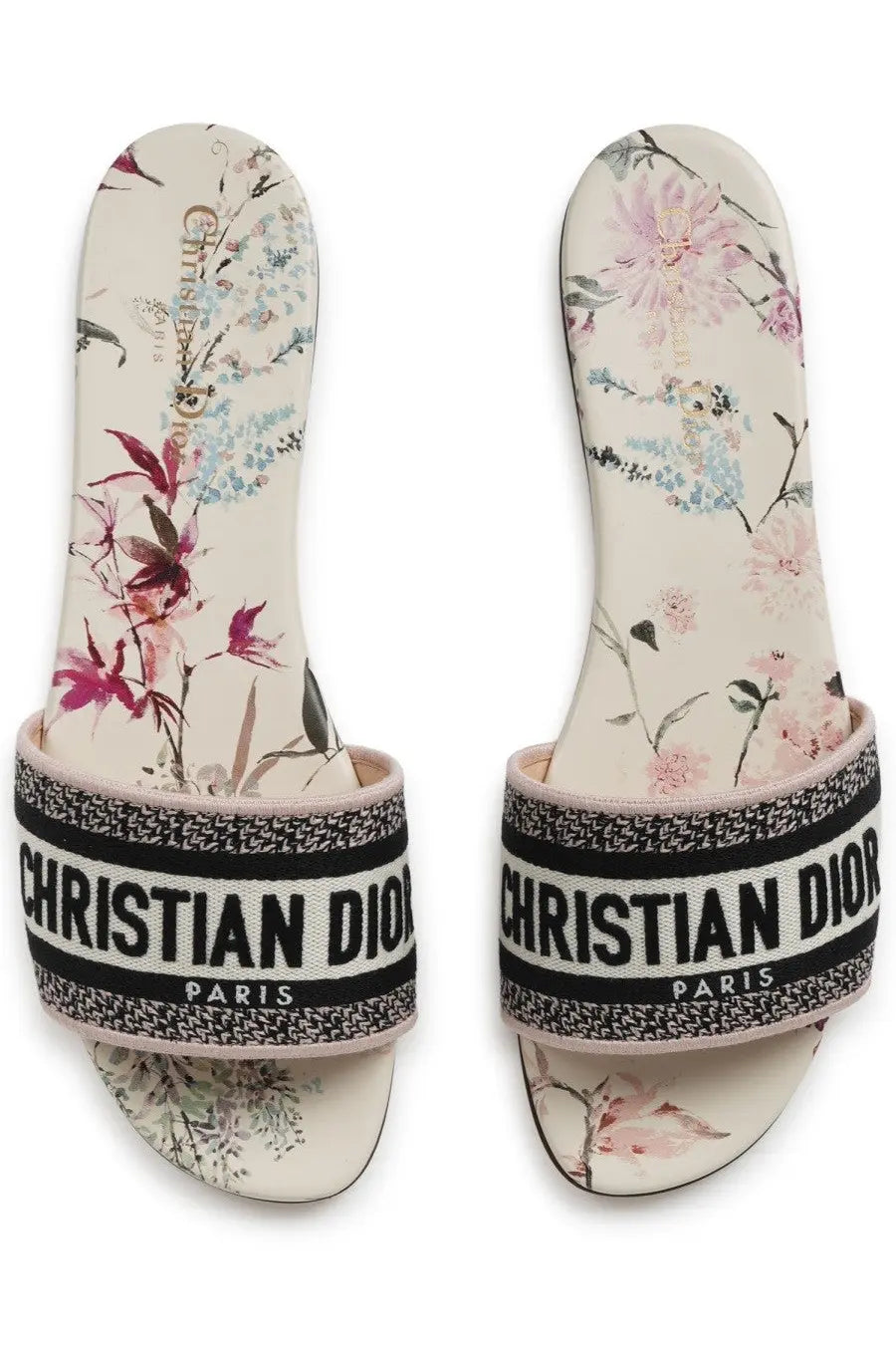 Beige floral-print christian dior slide sandals with black and white woven logo strap in dior women’s sandalo dway multicolor