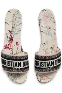 Beige floral-print christian dior slide sandals with black and white woven logo strap in dior women’s sandalo dway multicolor
