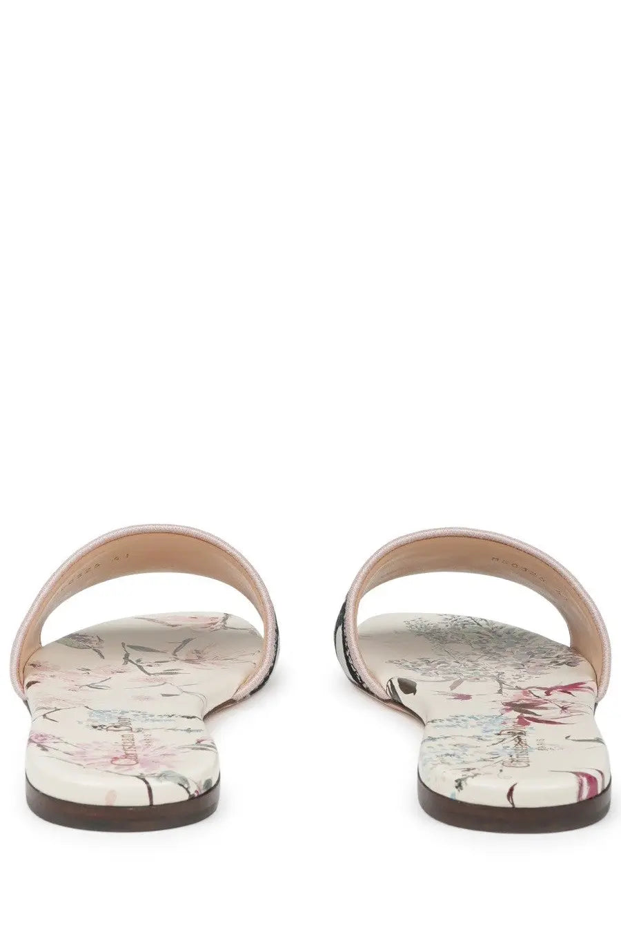 Dior women’s Sandalo Dway con multicolor beige floral-print slide sandals with soft pink strap and dark brown sole
