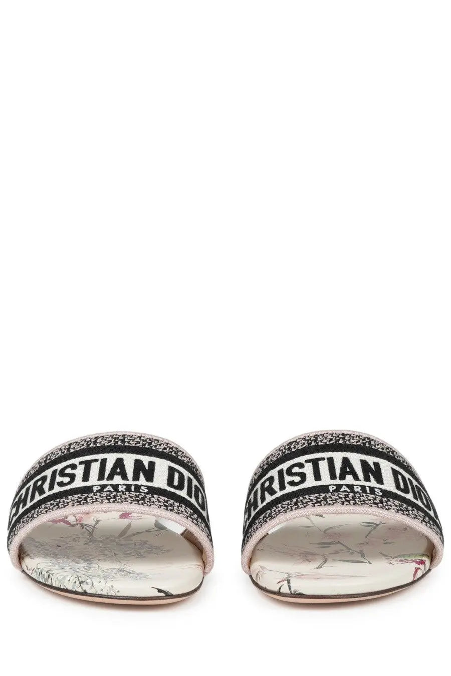 Dior women’s sandalo dway slide sandals with black and white logo band and floral patterned multicolor insole