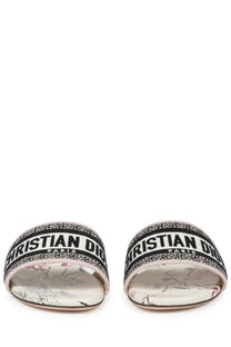 Dior women’s sandalo dway slide sandals with black and white logo band and floral patterned multicolor insole