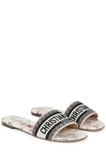 Dior women’s sandalo dway con multicolor slide sandals with black and white woven strap and floral-patterned sole