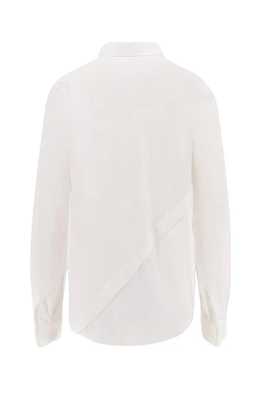 Back side of a crisp white Dior women’s long-sleeved shirt with subtle diagonal seam detail