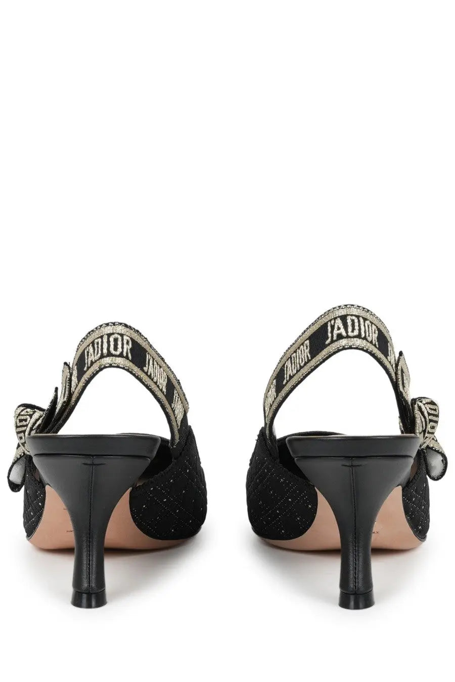 Dior women’s black slingback pump with glittery textured uppers and signature j’adior woven metallic strap