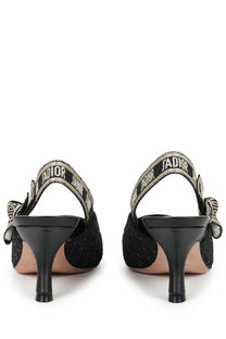 Dior women’s black slingback pump with glittery textured uppers and signature j’adior woven metallic strap