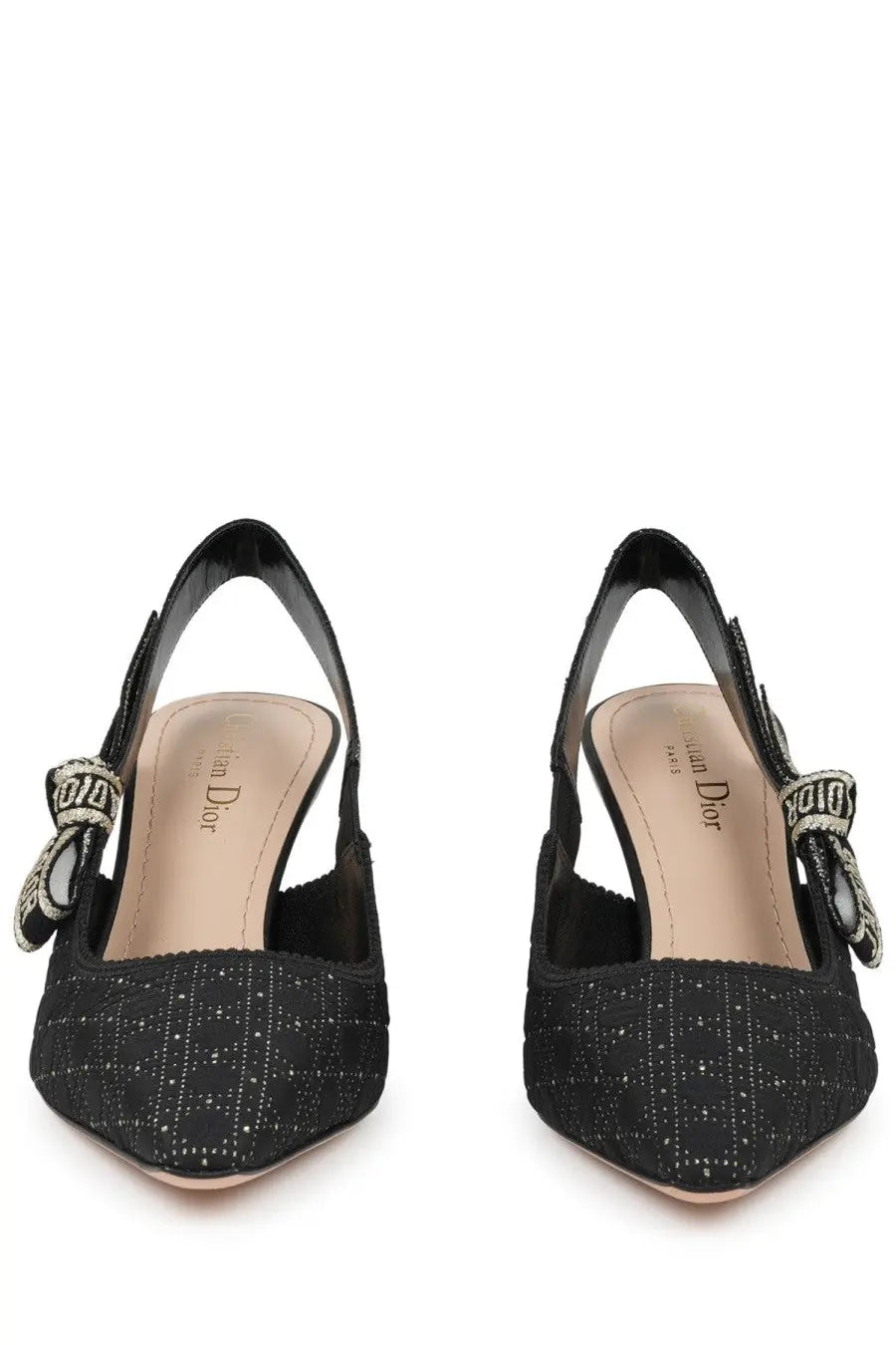 Dior women’s black slingback pumps with subtle textured pattern and decorative bow accents