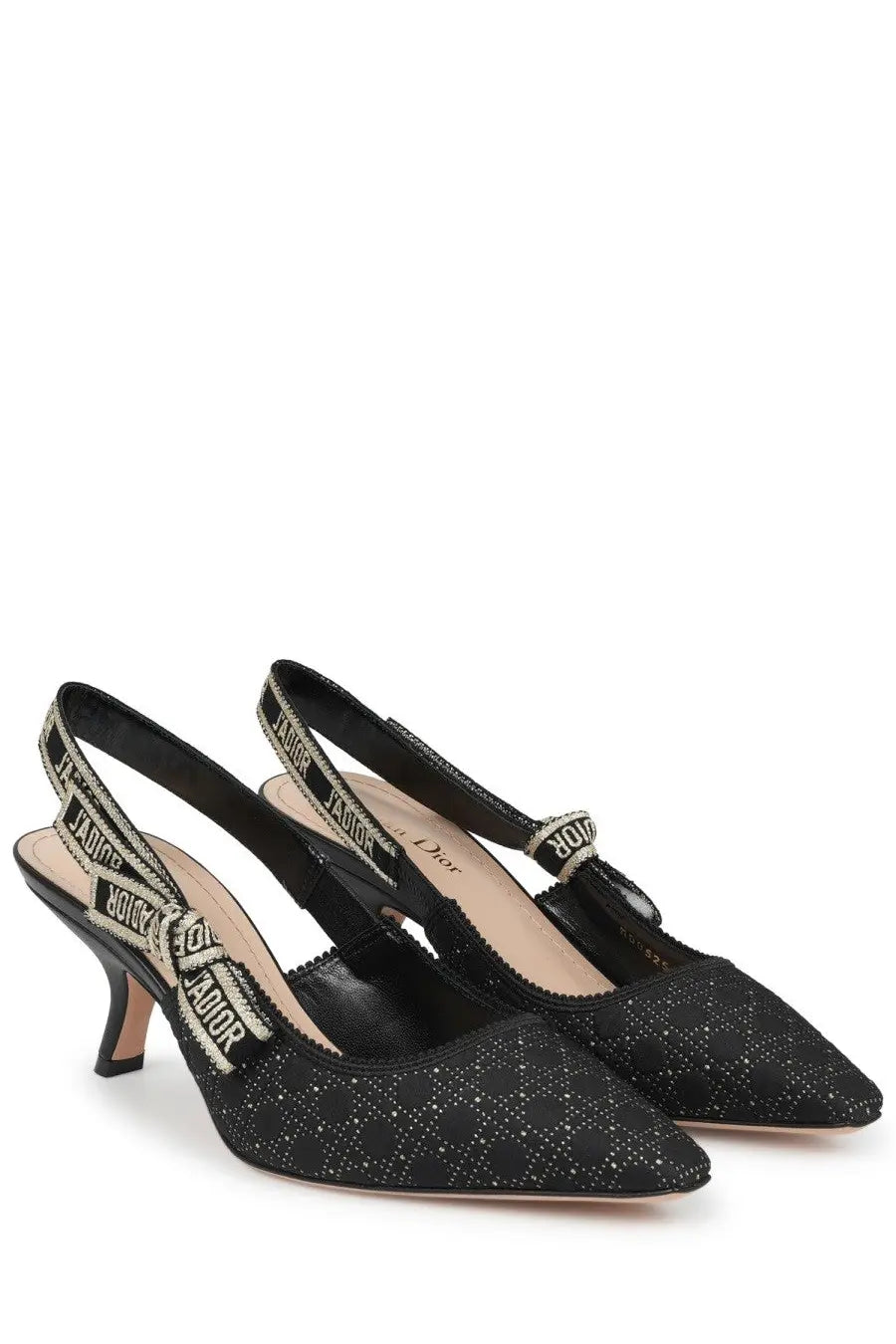 Black Dior women’s slingback pumps with textured fabric upper, sparkling embellishments, and signature Dior strap