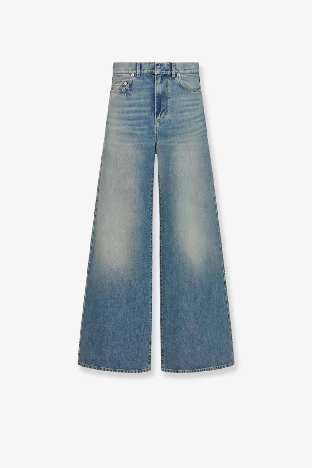 Dior women’s stone washed jeans in blue light-wash denim with wide-leg fit and classic five-pocket design