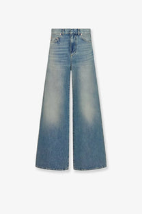 Dior women’s stone washed jeans in blue light-wash denim with wide-leg fit and classic five-pocket design