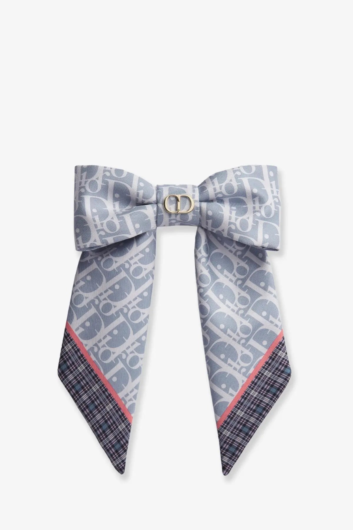 Gray dior bow tie scarf with repeating monogram pattern and plaid trim styled with dior twist infini tartan print silk hair clip blue