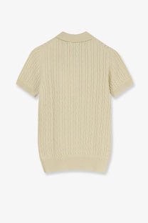 Beige cable-knit short-sleeved polo shirt with ribbed collar and cuffs in wool and cotton blend by Dior women’s sweater yellow