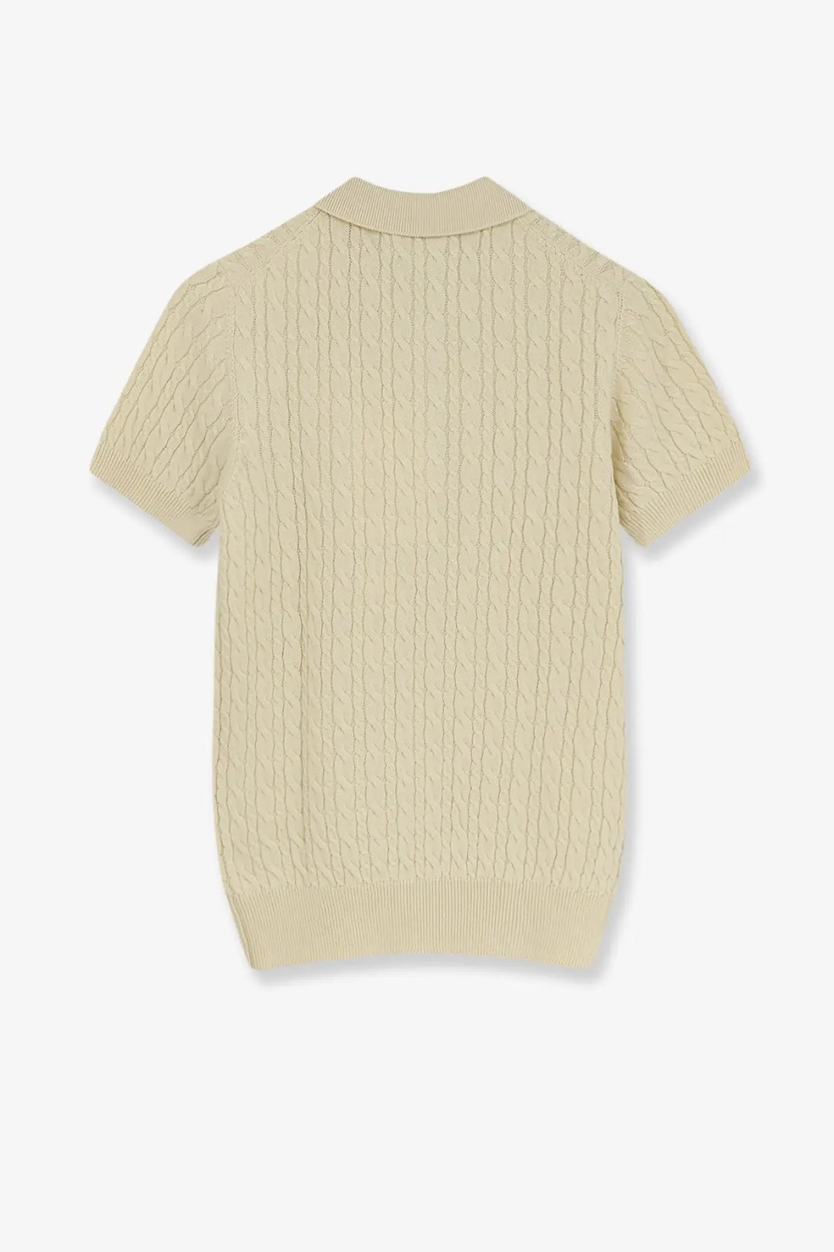 Beige cable-knit short-sleeved polo shirt with ribbed collar and cuffs made from wool and cotton blend by Dior