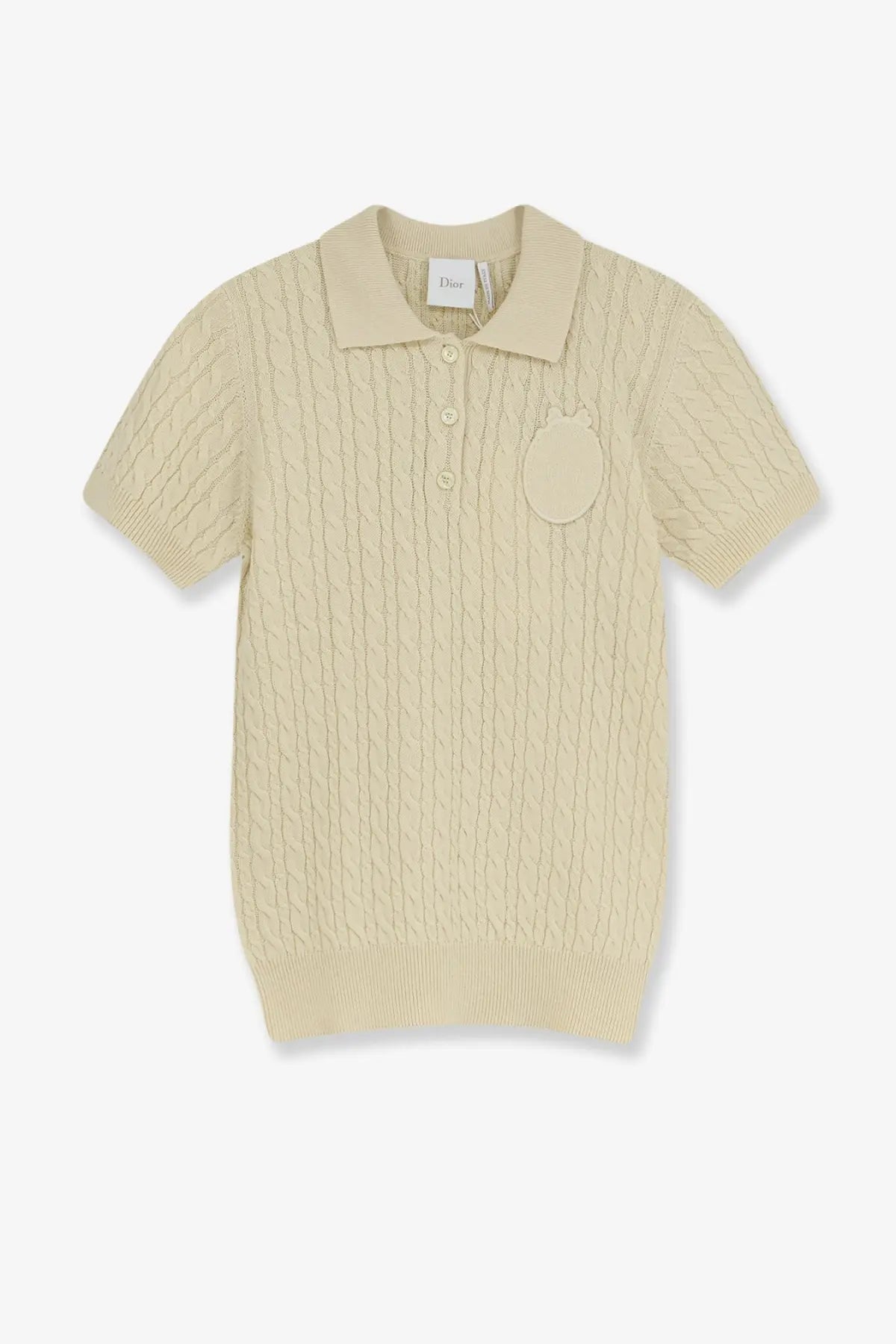 Beige dior knitted polo shirt with cable knit pattern and embroidered apple patch in wool and cotton blend