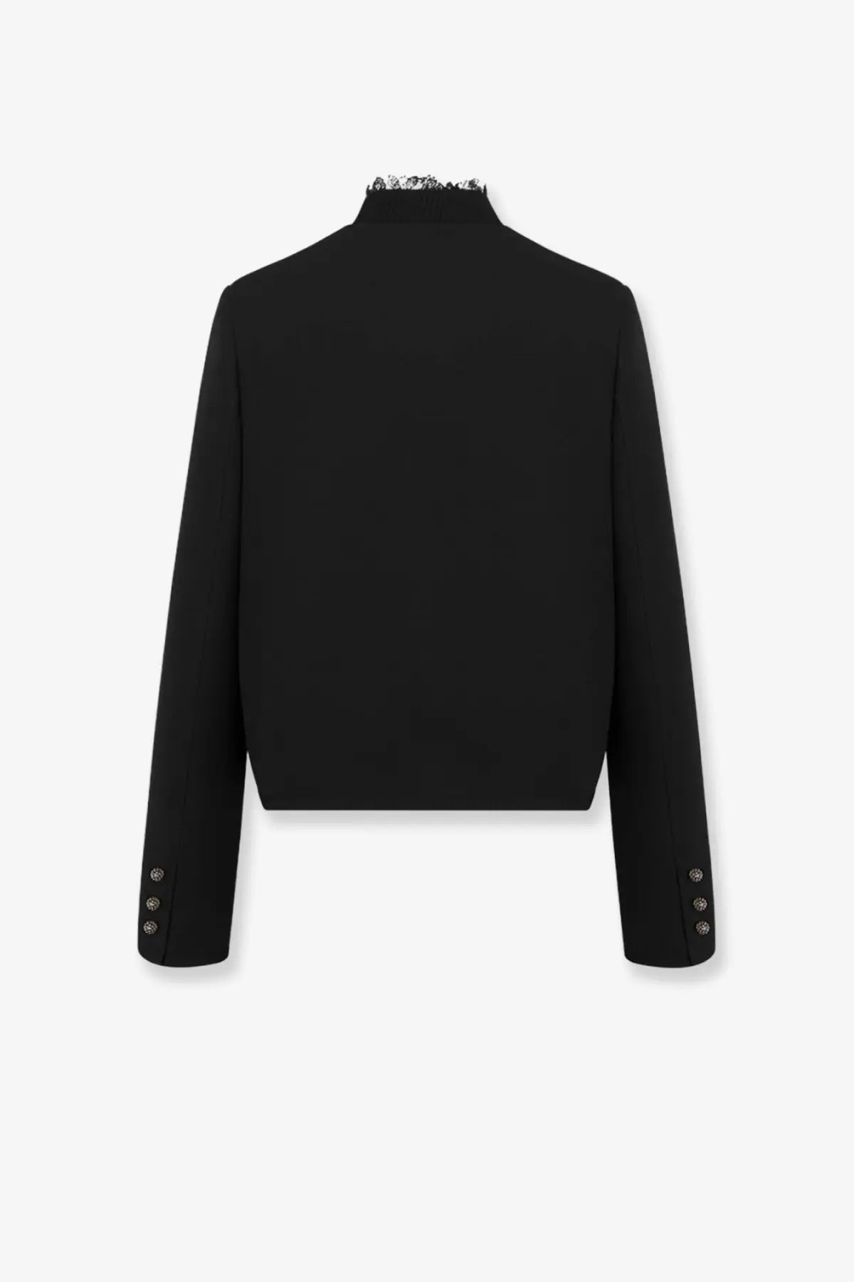 Dior women’s black wool and silk cropped blazer with high neckline, lace trim, and three-button cuffs