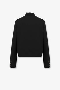 Dior women’s black wool and silk cropped blazer with high neckline, lace trim, and three-button cuffs