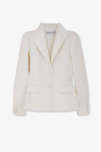 Cream-colored Dior women’s wool and silk blend blazer with tailored fit and classic double-breasted design