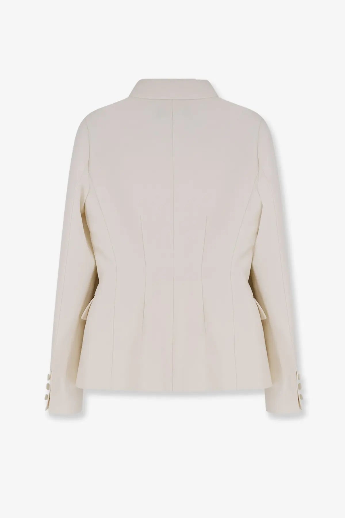 Back view of cream-colored Dior women’s tailored wool and silk blend blazer with structured pleats and button cuff details