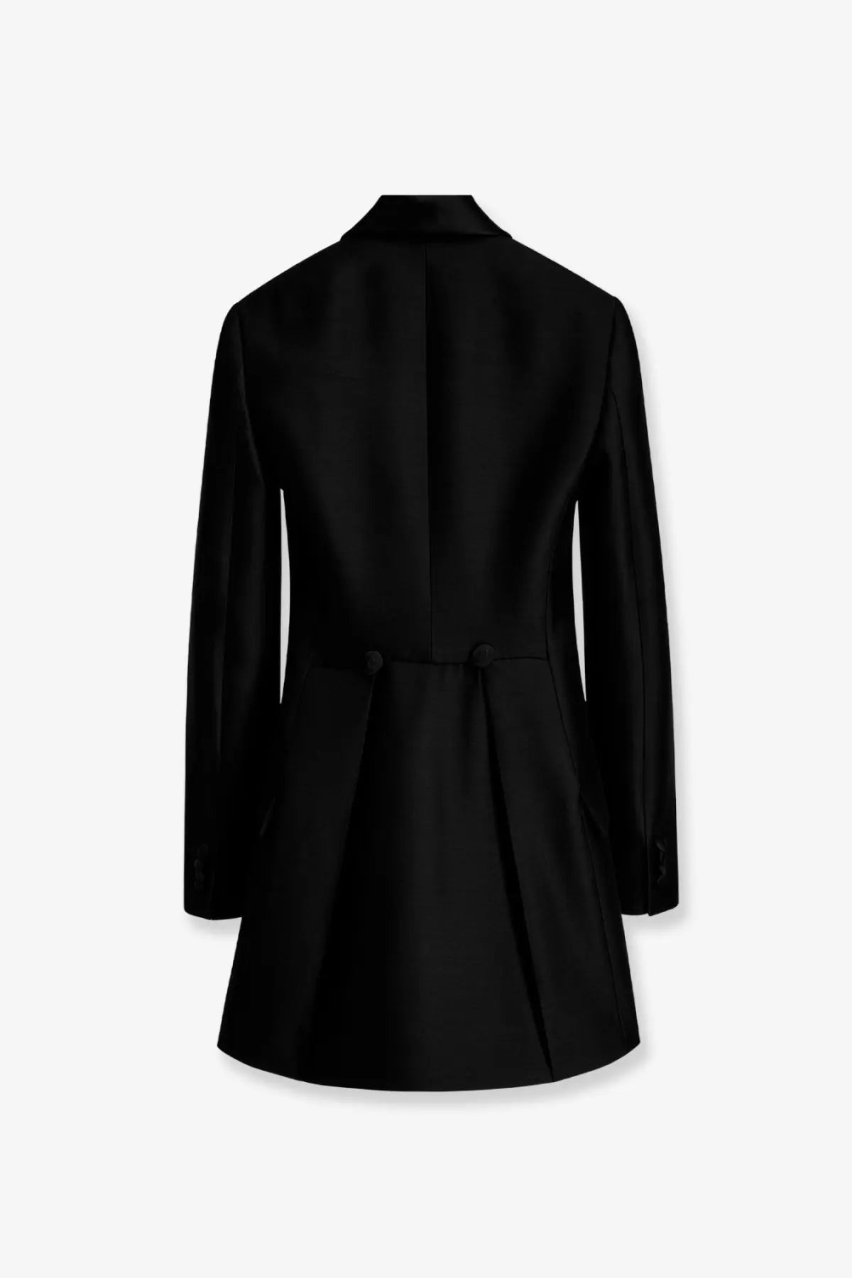 Black tailored dior women’s wool and silk tuxedo blazer with classic notched collar and back vent shown from back