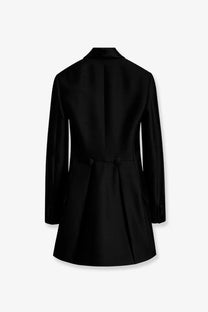 Black tailored dior women’s wool and silk tuxedo blazer with classic notched collar and back vent shown from back