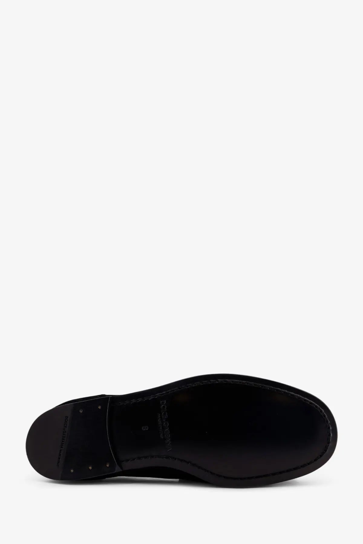 Black leather sole of dolce &amp; gabbana men’s ariosto suede loafers with smooth glossy finish and visible stitching