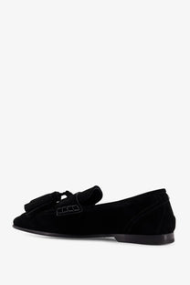 Dolce &amp; Gabbana men’s Ariosto black suede loafer with tassel and decorative strap detail