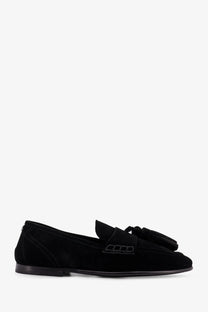 Dolce &amp; Gabbana men’s Ariosto black suede loafers with tassel and metallic chain detail